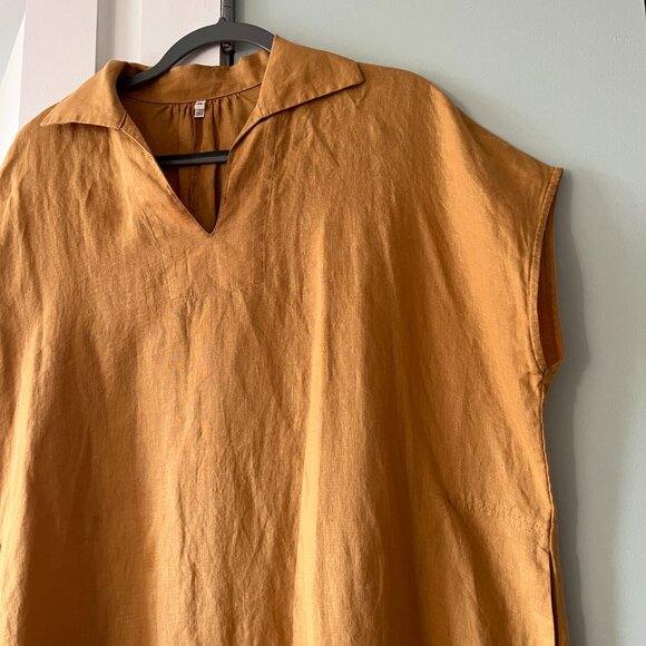 Muji Mustard Tent Dress 100% Linen with Pockets - Picture 4 of 5